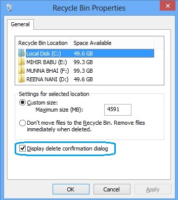 Hide/Show delete Confirmation Prompt from Recycle Bin Properties