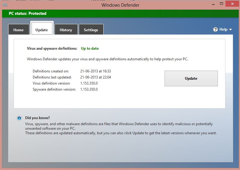 Windows defender is up to date in Windows 8