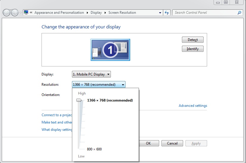 Change screen resolution in Windows 7